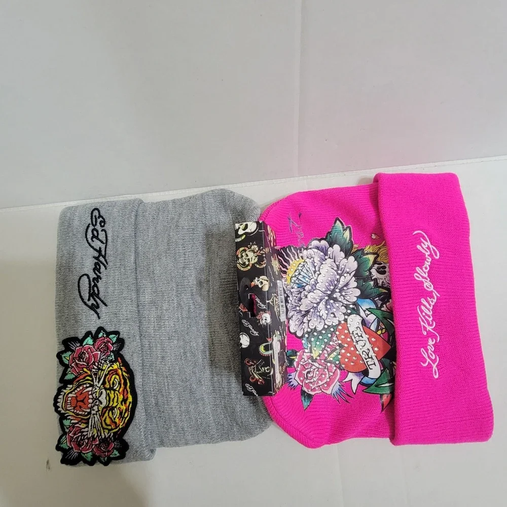 Ed Hardy‎ 2-Pk Knit Beanie Hat Skull Love Kills Tiger Y2K One Sz Embroidered NWT